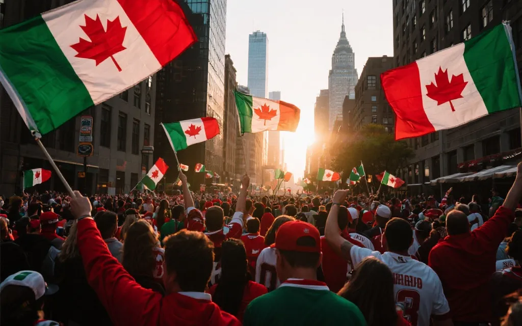 北美球迷在赛前街头集结，红白与绿白配色氛围